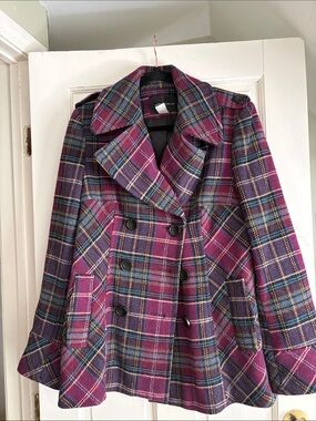 Moda International Magenta and Purple Plaid Double-Breasted Peacoat